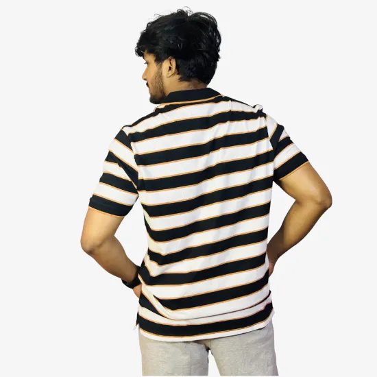 Men's Black White Orange Striped Polo T-Shirt | Premium Cotton Regular Fit